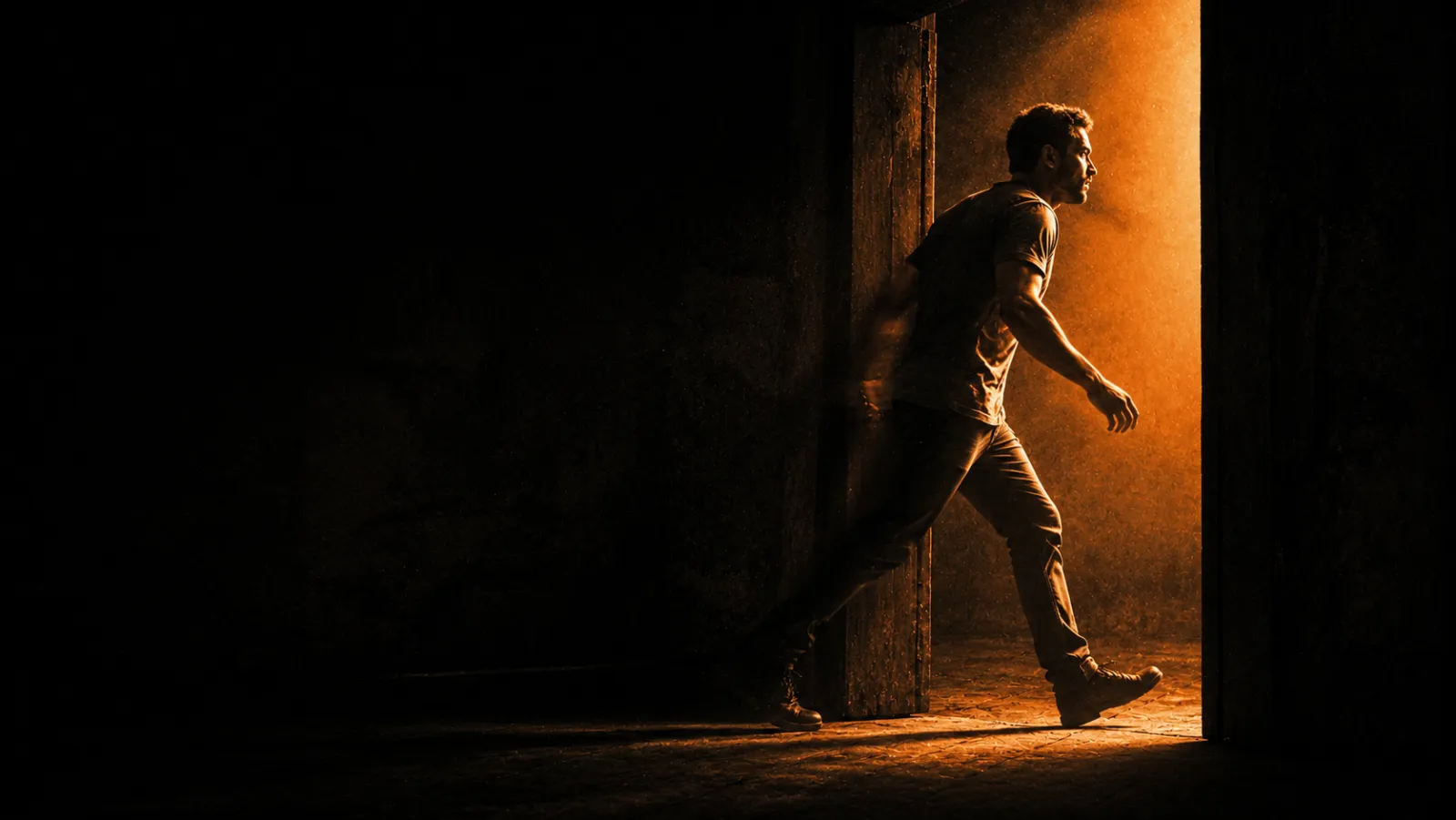Pessoa entrando na luz laranja, coragem em movimento