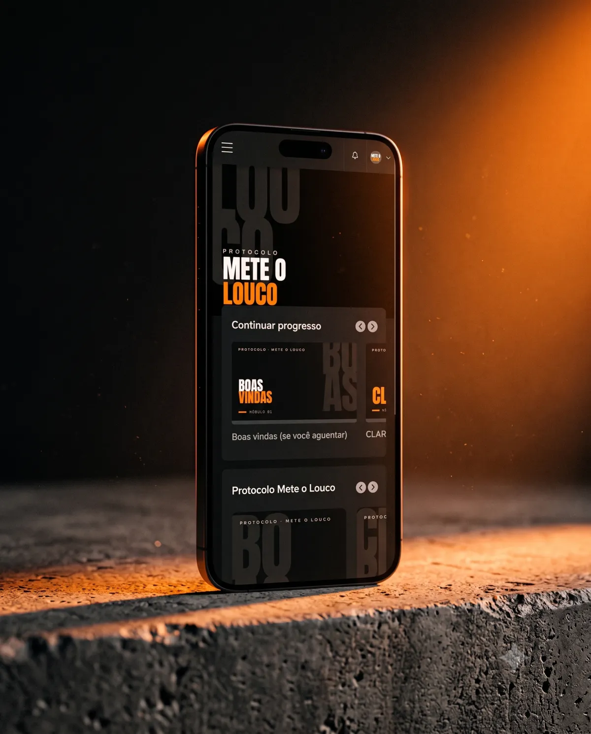 Aplicativo Mete o Louco (área de membros) na tela de um celular